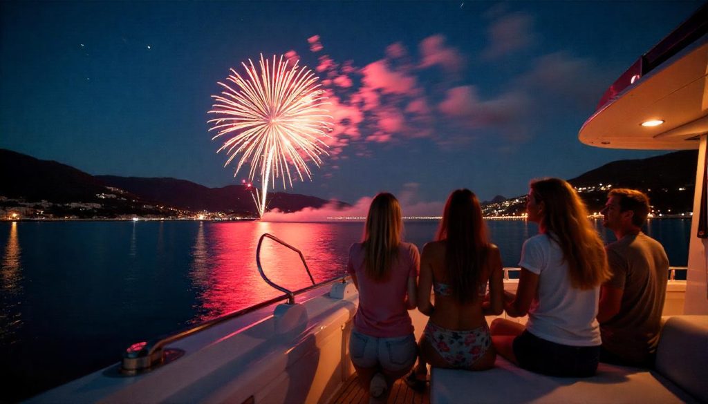 Group watching fireworks during yacht charters for festive occasions in Mediterranean.